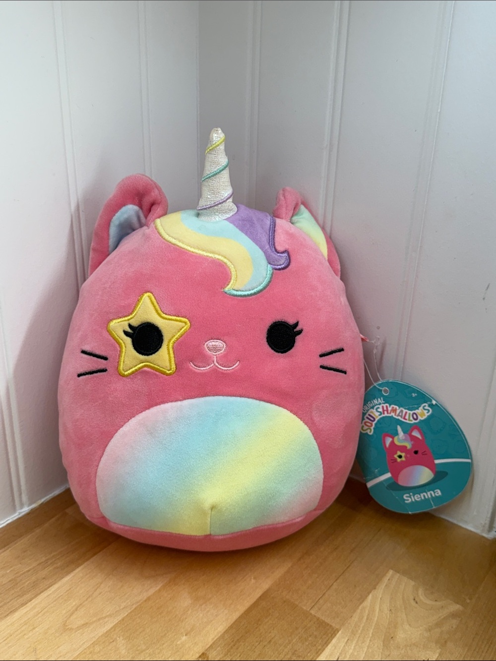 Squishmallows Sienna Pink Unicorn Cat Plush with Pastel Rainbow Accents NWT